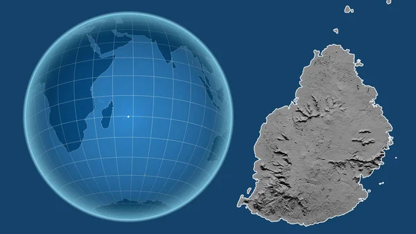 モーリシャス 青い背景に孤立した輪郭を持つ拡大地図に対して 国の形をした球体 グレースケール標高図 — ストック写真