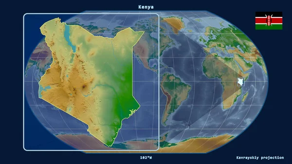 Zoomed Widok Kenii Zarys Linii Perspektywy Wobec Globalnej Mapy Projekcji — Zdjęcie stockowe