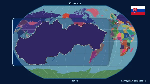 Увеличенный Вид Словакии Перспективными Линиями Против Глобальной Карты Каврайской Проекции — стоковое фото