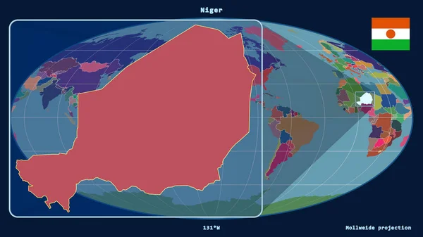 ニジェールのアウトラインを視野線で拡大し モルルワイド予測の世界地図と比較した 左側の形 行政区画のカラーマップ — ストック写真