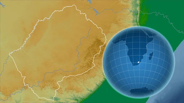 Лесото Глобус Формой Страны Против Увеличенной Карты Контуром Физическая Карта — стоковое фото