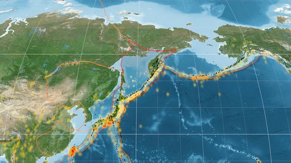 Okhotsk Tektoniska Platta Skisseras Den Globala Satellitbilder Kavrayskiy Projektion Rendering — Stockfoto