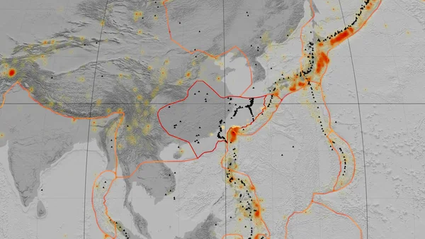 长江口板块在全球灰度高程地形图上勾勒出莫尔维德投影 3D渲染 — 图库照片