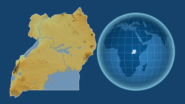 Uganda Globus Kształcie Kraju Powiększonej Mapie Odizolowanym Zarysem Niebieskim Tle — Zdjęcie stockowe