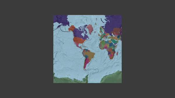 トリニダード トバゴの領土を中心とした斜めのヴァン グリンテン投影で世界の大規模な地図の正方形のフレーム 行政庁のカラーマップ — ストック写真