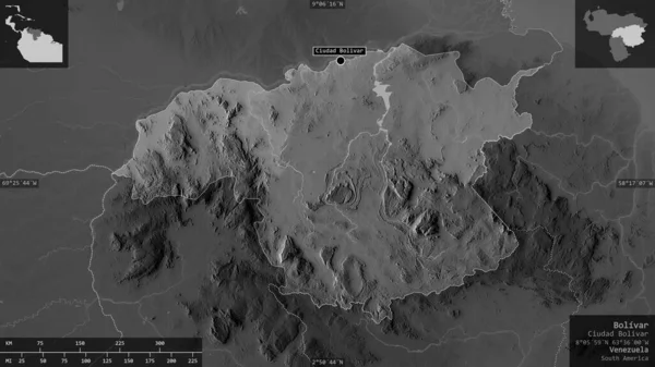 Bolivar Staat Venezuela Graustufige Karte Mit Seen Und Flüssen Gestalt — Stockfoto