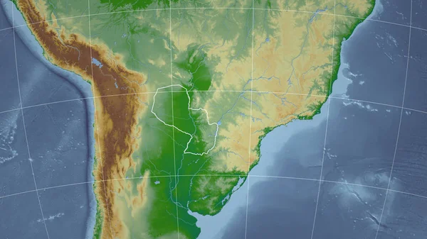 Paraguayban Szomszédság Távoli Perspektíva Ország Körvonalaival Színes Fizikai Térkép — Stock Fotó