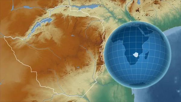 ジンバブエ アウトラインを持つ拡大地図に対して国の形を持つグローブ 地形図によると — ストック写真