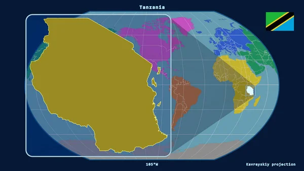 Увеличенный Вид Танзании Перспективными Линиями Против Глобальной Карты Каврайской Проекции — стоковое фото