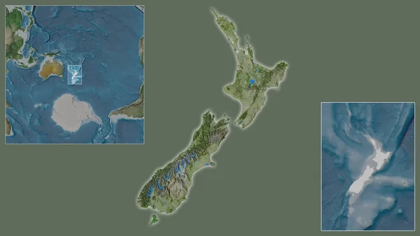 Розміщення Нової Зеландії Розташування Регіоні Центрі Масштабної Мапи Світу Супутникові — стокове фото