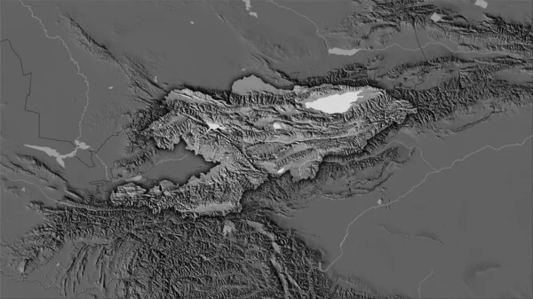 ステレオグラフィック投影の二階の標高マップ上のキルギスエリア 暗い輝く輪郭を持つラスター層の生の組成 — ストック写真