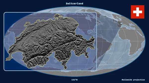 Mollweide Projeksiyonundaki Küresel Haritaya Karşı Perspektif Çizgileriyle Sviçre Yakınlaştırılmış Bakış — Stok fotoğraf