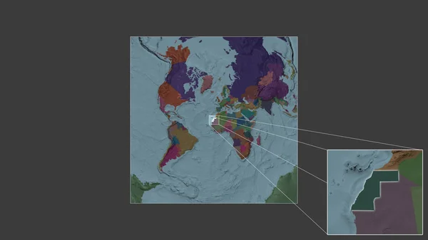 Expanded and enlarged area of Western Sahara extracted from the large-scale map of the world with leading lines connecting the corners of the frames. Color map of the administrative division