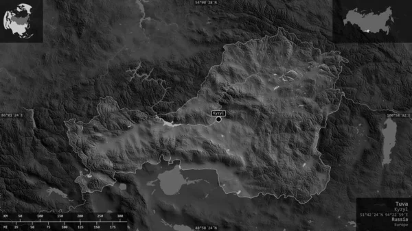 Tuva República Rusia Mapa Escala Grises Con Lagos Ríos Forma — Foto de Stock