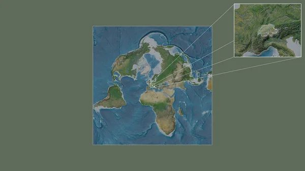 从世界大比例尺地图中提取出的扩大和扩大的瑞士区域 其主要线连接了框架的各个角落 卫星图像 — 图库照片