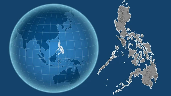 フィリピンだ 青い背景に孤立した輪郭を持つ拡大地図に対して 国の形をした球体 グレースケール標高図 — ストック写真