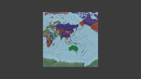 Square frame of the large-scale map of the world in an oblique Van der Grinten projection centered on the territory of Philippines. Color map of the administrative division