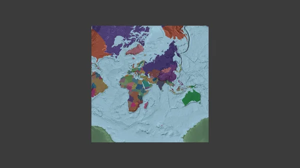 Square frame of the large-scale map of the world in an oblique Van der Grinten projection centered on the territory of United Arab Emirates. Color map of the administrative division