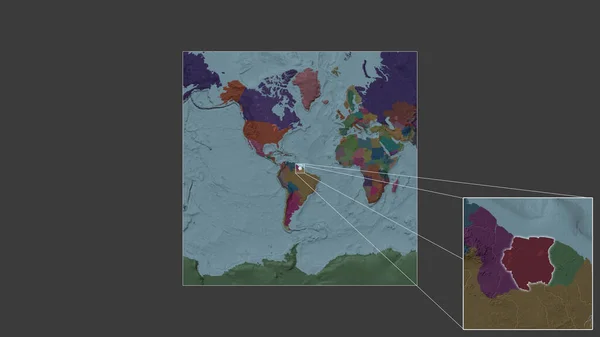 フレームの角を結ぶ主要線で世界の大規模な地図から抽出されたスリナムの拡大拡大領域 行政庁のカラーマップ — ストック写真