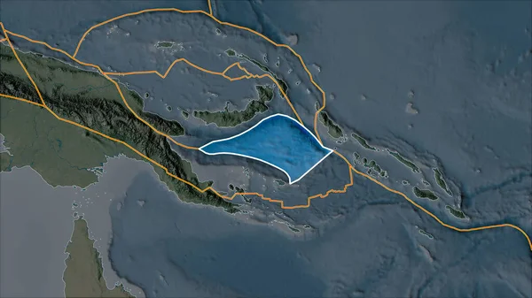 隣接地域の砂漠化により分離された地形図上のソロモン海地殻プレートの概要 ヴァン グリンテンI予測 斜めの変換 — ストック写真