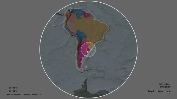 Uruguayská Oblast Označená Kruhem Rozsáhlé Mapě Světadílu Izolované Odtučněném Pozadí — Stock fotografie