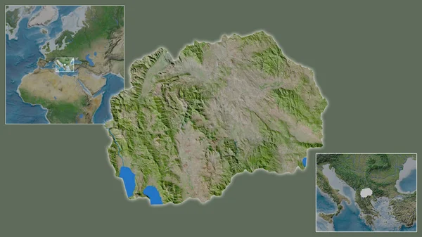 马其顿的近景及其在该地区的位置 以及在一个大比例尺世界地图中心的位置 卫星图像 — 图库照片