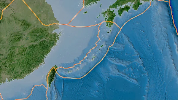 Tektonische Platten Grenzen Die Satellitenkarte Der Die Okinawa Platte Angrenzenden — Stockfoto