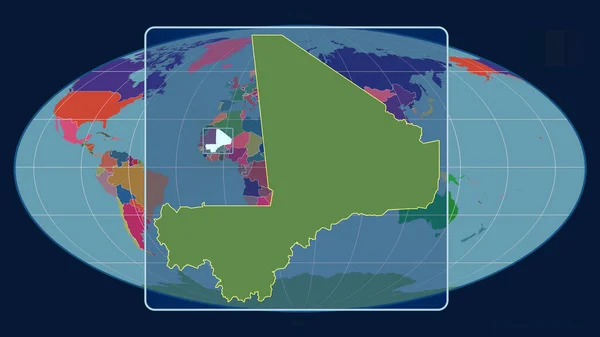 在Mollweide投影中 用透视线与全球地图对齐 放大了马里的轮廓 形体中心 行政区划的彩色地图 — 图库照片