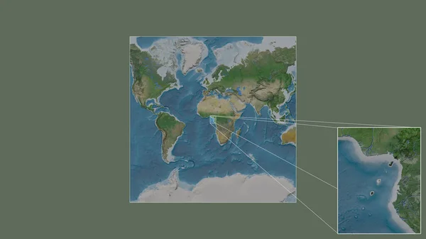 从世界大比例尺地图中提取出的扩大和扩大的圣多美和普林西比地区 其主要线连接了框架的各个角落 卫星图像 — 图库照片