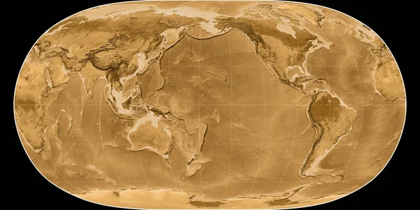 世界地图的自然地球投影中心是西经170度 塞皮亚着色的高程图 光栅与满意的原始复合材料 3D插图 — 图库照片
