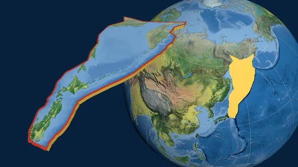 Piastra Tettonica Okhotsk Estruso Presentato Contro Globo Mappa Topografica Rendering — Foto Stock