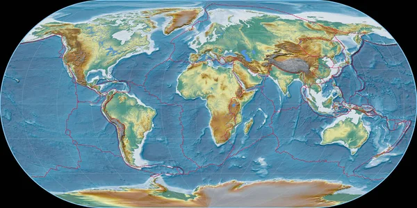 Světová Mapa Orteliově Oválné Projekci Soustřeďuje Východní Délky Topografická Reliéfní — Stock fotografie