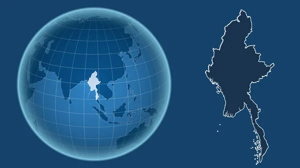 Myanmar Globo Con Forma Del Paese Mappa Ingrandita Con Suo — Foto Stock