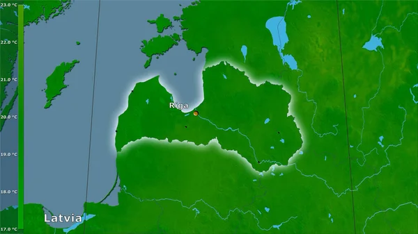 拉脱维亚地区内带有图例的立体投影中最温暖月份的最高温度 主成分 — 图库照片