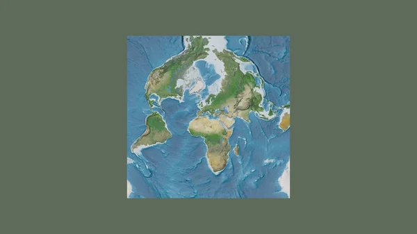 Square frame of the large-scale map of the world in an oblique Van der Grinten projection centered on the territory of Malta. Satellite imagery