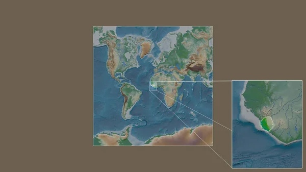 从世界大比例尺地图中提取的塞拉利昂扩大和扩大的地区 其主要线连接了框架的各个角落 彩色物理图 — 图库照片
