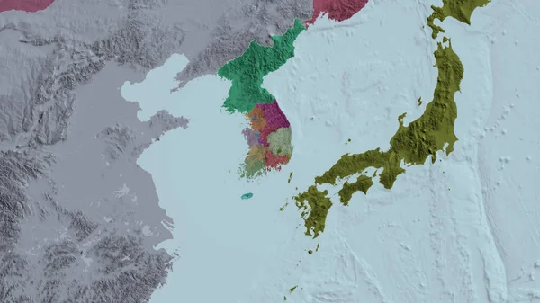 Jižní Korea Přiblížila Sousedila Barevná Poďobaná Mapa Administrativního Oddělení Vykreslování — Stock fotografie