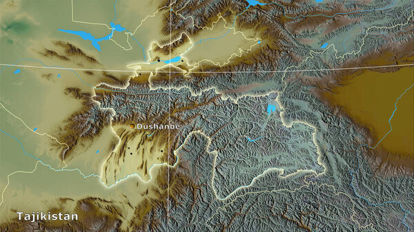 Tajikistan area on the topographic relief map in the stereographic projection - main composition