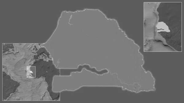 Zbliżenie Senegalu Jego Lokalizacji Regionie Centrum Dużą Skalę Światowej Mapy — Zdjęcie stockowe
