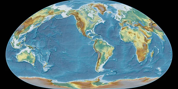 Mapa Del Mundo Proyección Loximuthal Centrado Longitud Oeste Mapa Topográfico —  Fotos de Stock