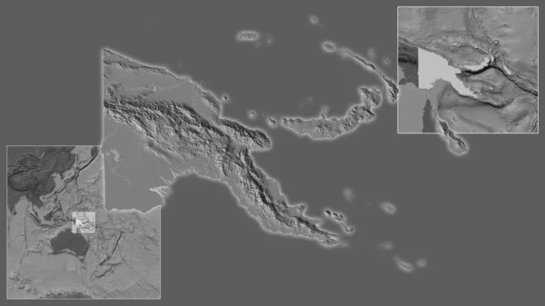 Detailní Záběr Papuy Její Umístění Regionu Středu Rozsáhlé Mapy Světa — Stock fotografie