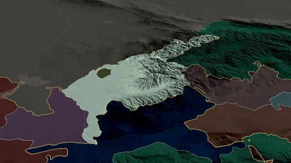 Tashkent - region of Uzbekistan zoomed and highlighted. Colored and bumped map of the administrative division. 3D rendering