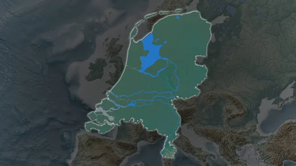 Países Baixos Área Ampliada Brilhou Fundo Escurecido Seus Arredores Mapa — Fotografia de Stock