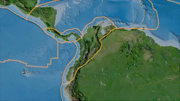 卫星A地图上的构造板块与北安第斯山脉板块地区相邻 Van Der Grinten I投影 斜变换 — 图库照片