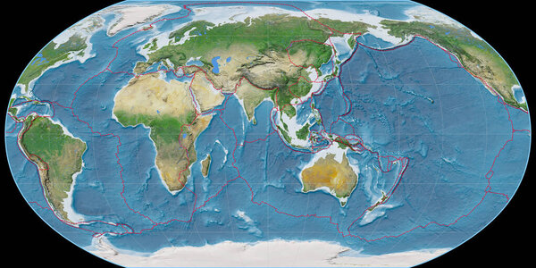 World map in the Robinson projection centered on 90 East longitude. Satellite imagery A - composite of raster with graticule and tectonic plates borders. 3D illustration