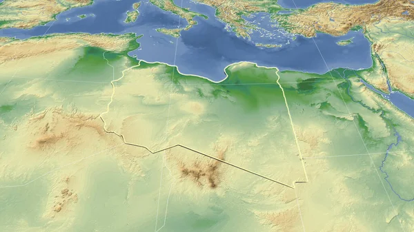 Libia Jej Sąsiedztwo Daleka Perspektywa Ukośna Zarysowany Kształt Kolor Mapa — Zdjęcie stockowe