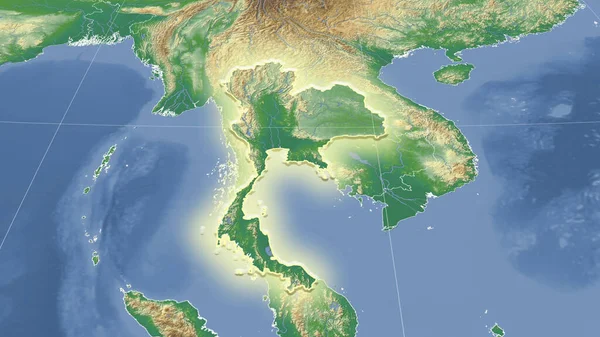 Таиланд Окрестности Далекая Косовая Перспектива Форма Светилась Физическая Карта Цвета — стоковое фото