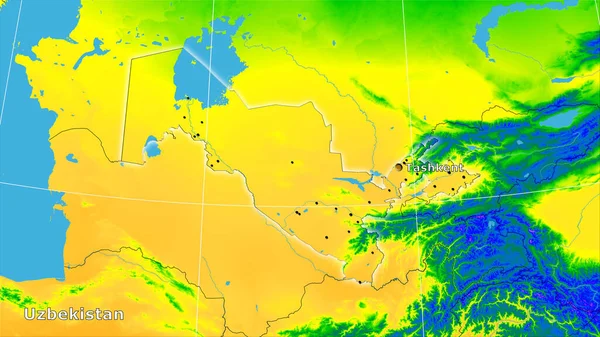 立体投影中的年度温度图上的乌兹别克斯坦地区 主要组成 — 图库照片
