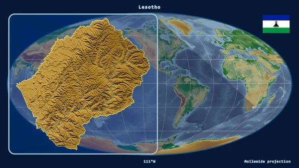 Вид Лесото Перспективными Линиями Против Глобальной Карты Проекции Моллвейда Форма — стоковое фото