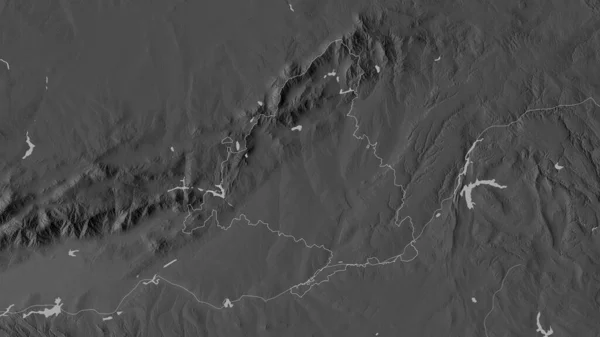 Comunidad de Madrid, autonomous community of Spain. Grayscaled map with lakes and rivers. Shape outlined against its country area. 3D rendering